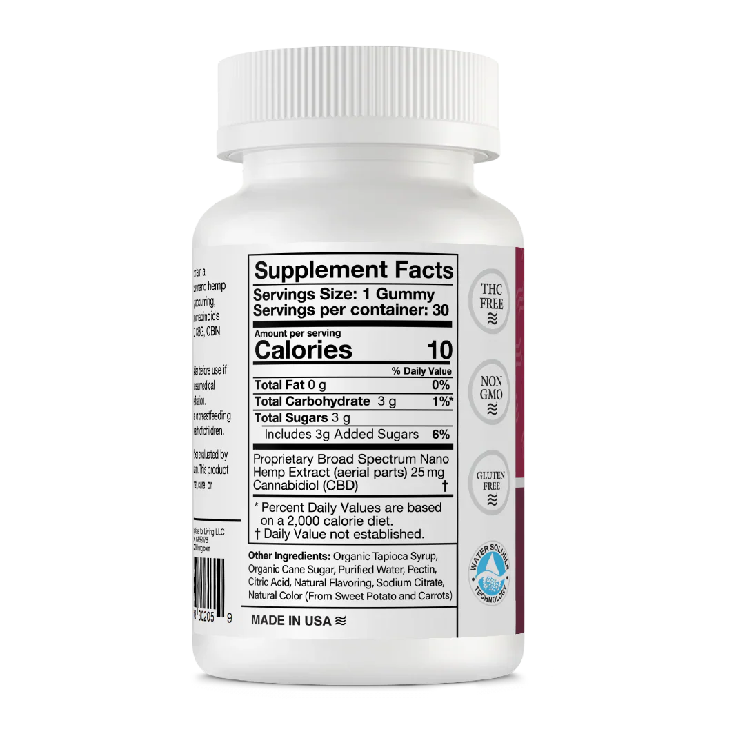 Calming CBD Gummies - 750 mg Nano CBD Per Bottle/25 mg Per Gummy - 30 Gummies