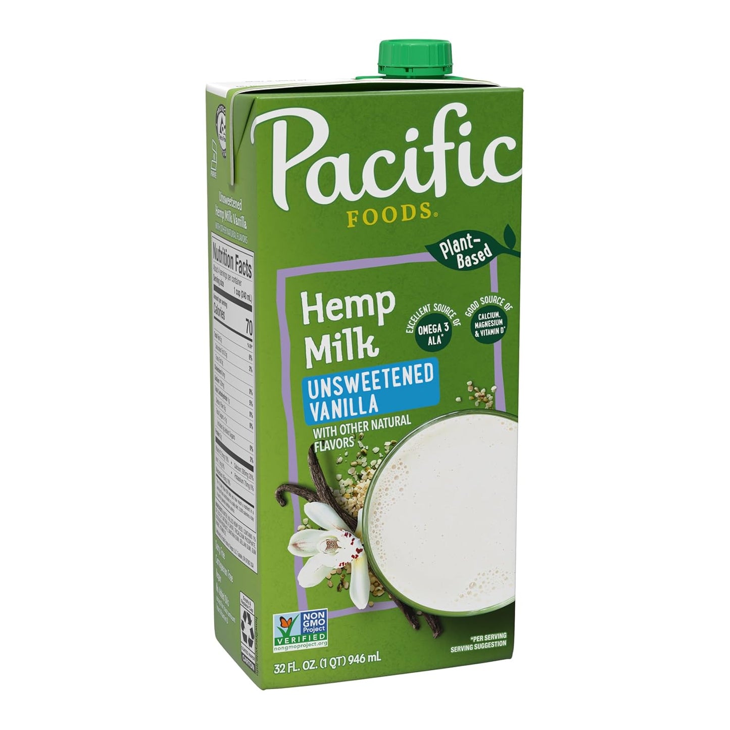 Pacific Foods Unsweetened Vanilla Hemp Milk, Plant Based Milk, 32 oz