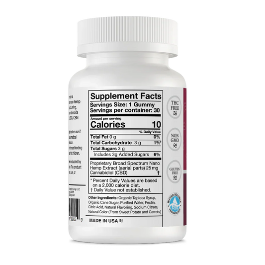 Calming CBD Gummies - 750 mg Nano CBD Per Bottle/25 mg Per Gummy - 30 Gummies